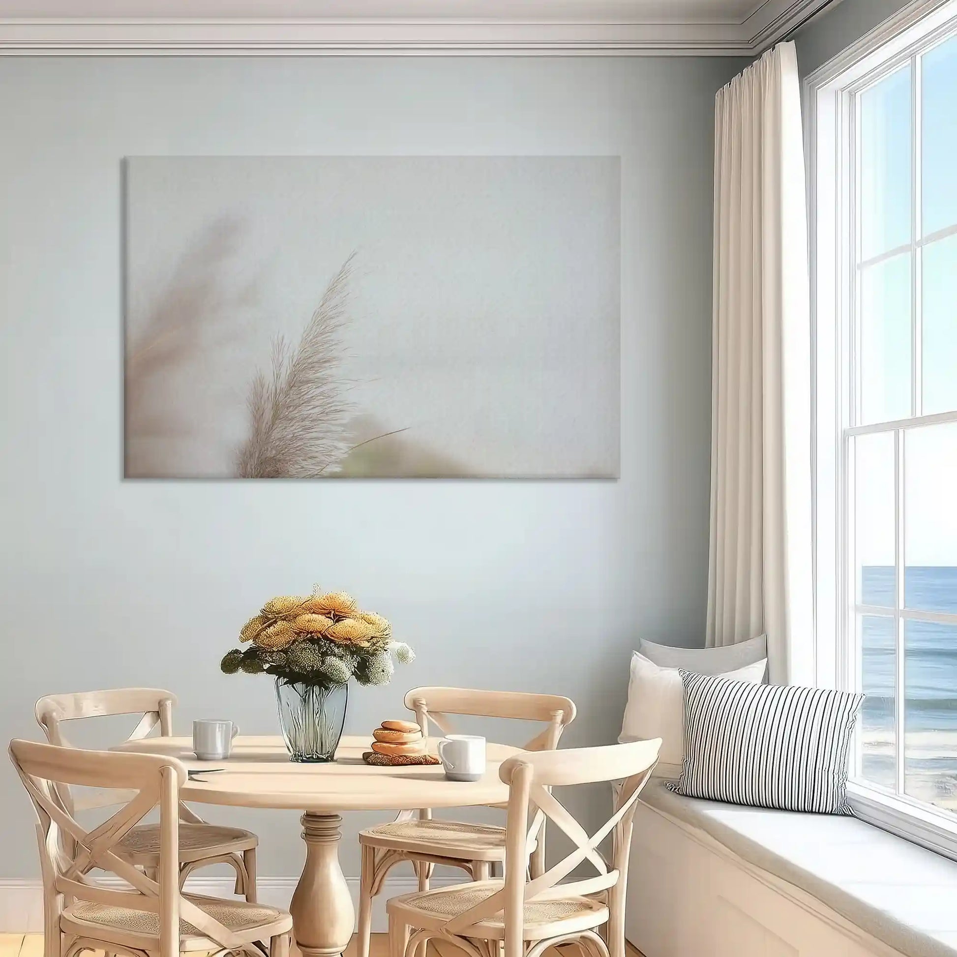Neutral beige dune canvas art enhancing serene bedroom wall design