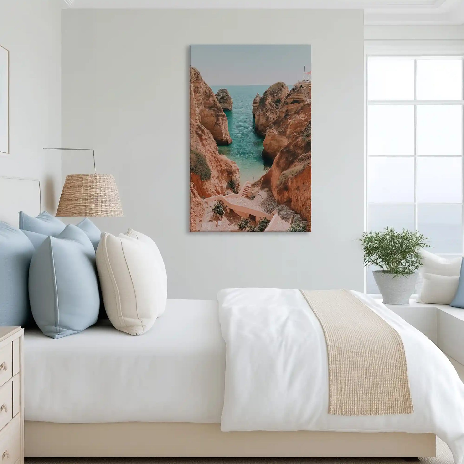 Tranquil cliffside canvas art complementing rustic coastal-inspired home decor