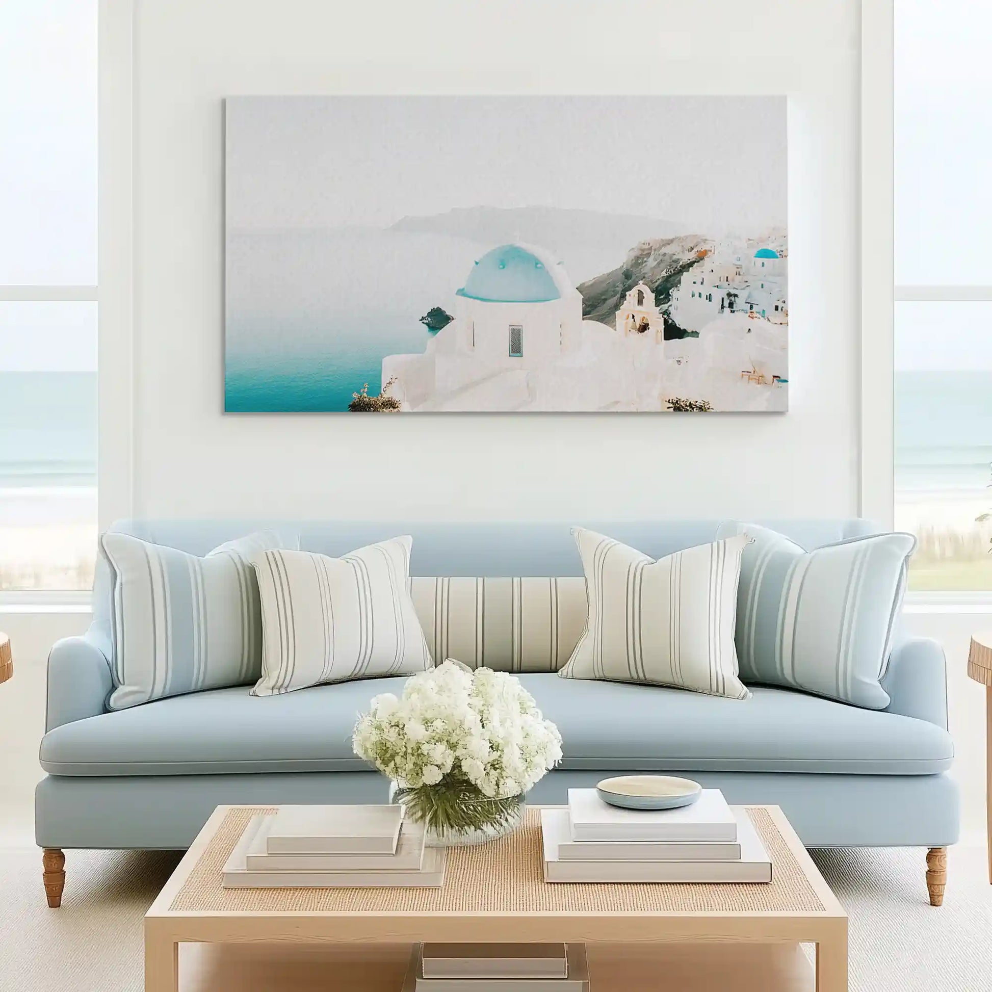 Calming ocean view canvas art complementing Scandinavian inspired decor