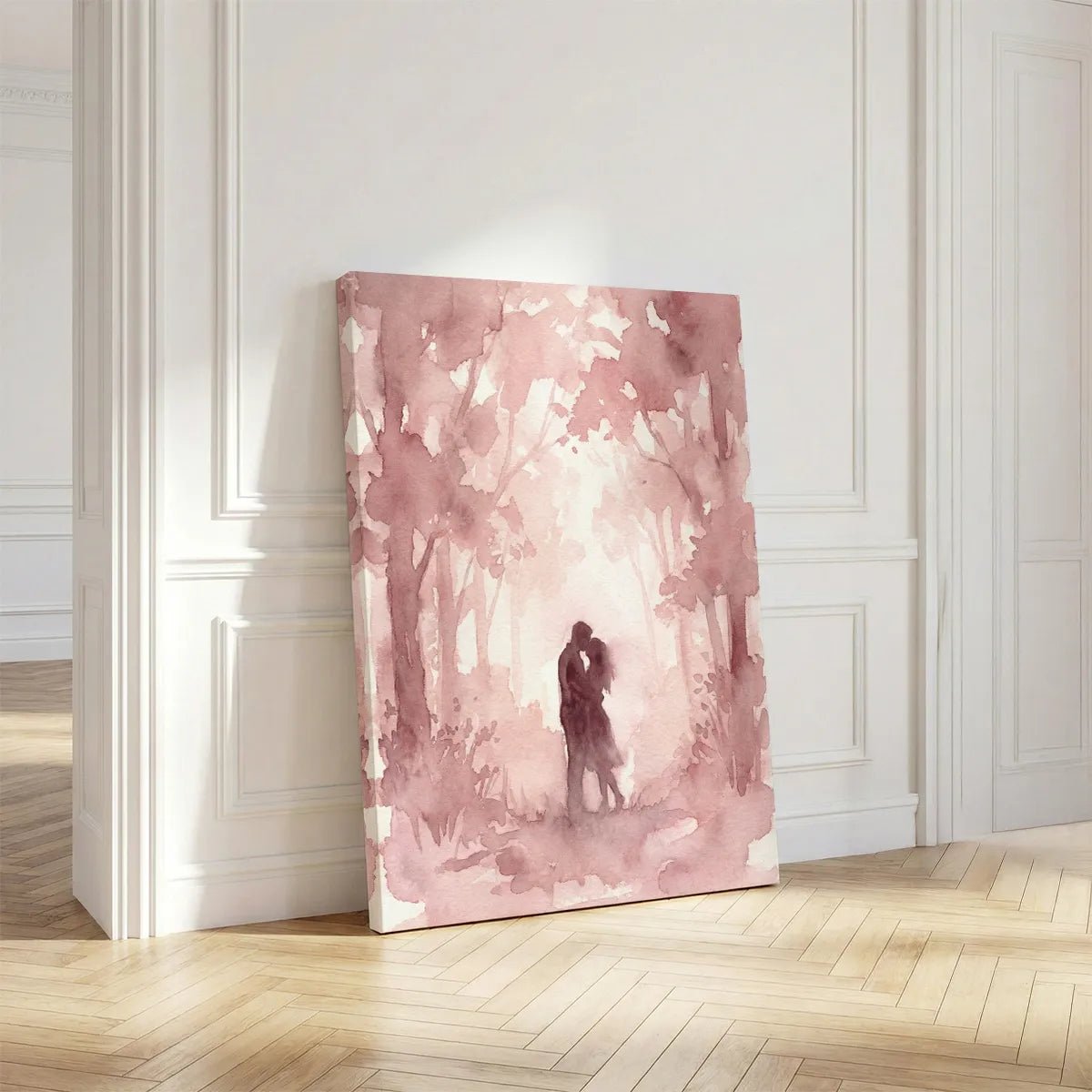 Vertical canvas wall decor with a serene forest setting and a central couple silhouette in muted pink and white tones.
