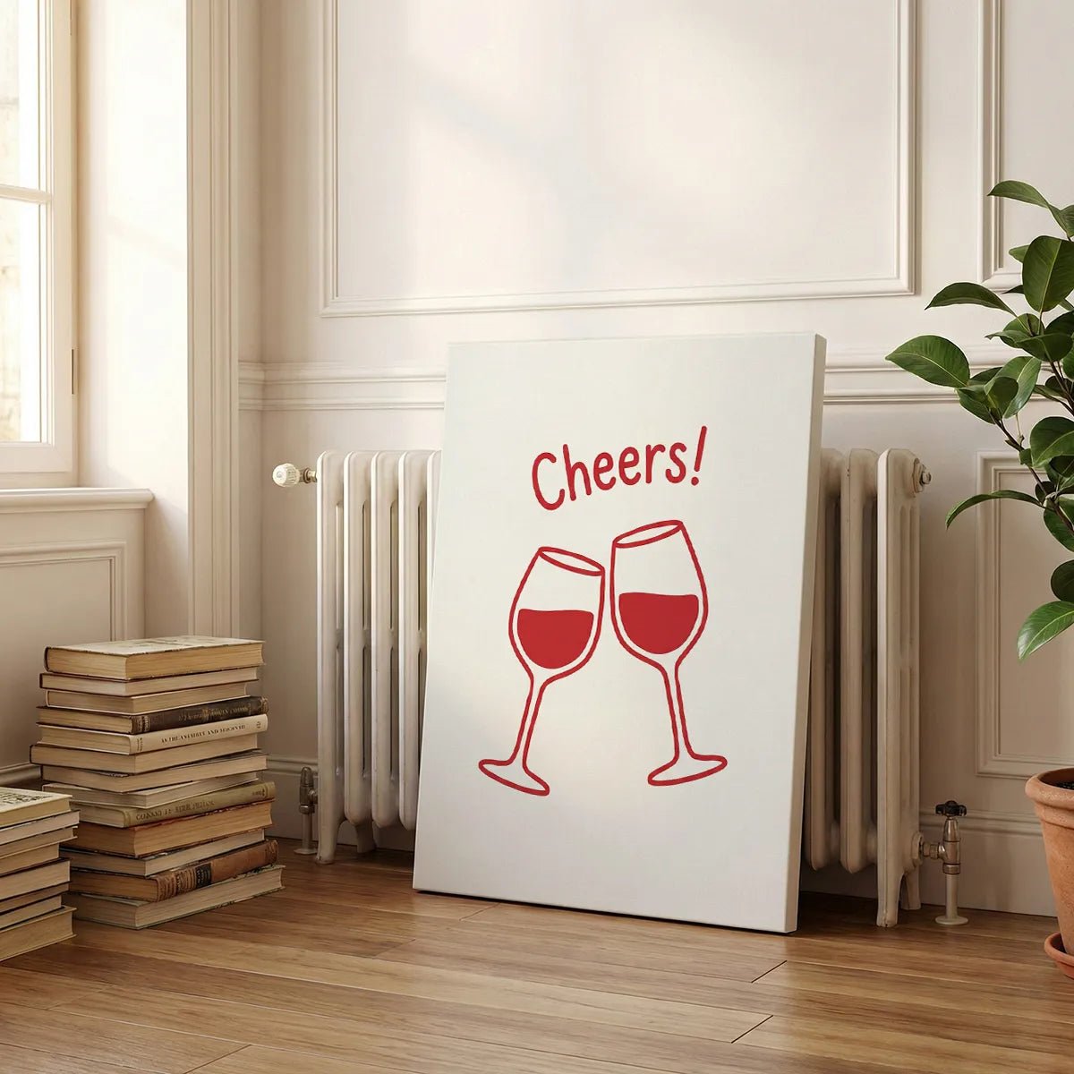 Canvas wall art print of two red wine glasses clinking under 'Cheers!' text, suited to kitchen or bar decor