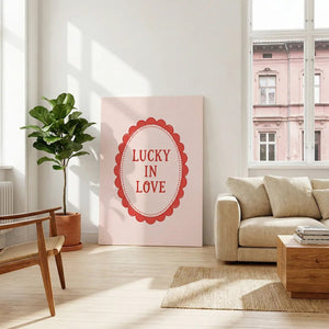 Modern canvas art with a flat graphic design and warm palette, highlighting a romantic message in red