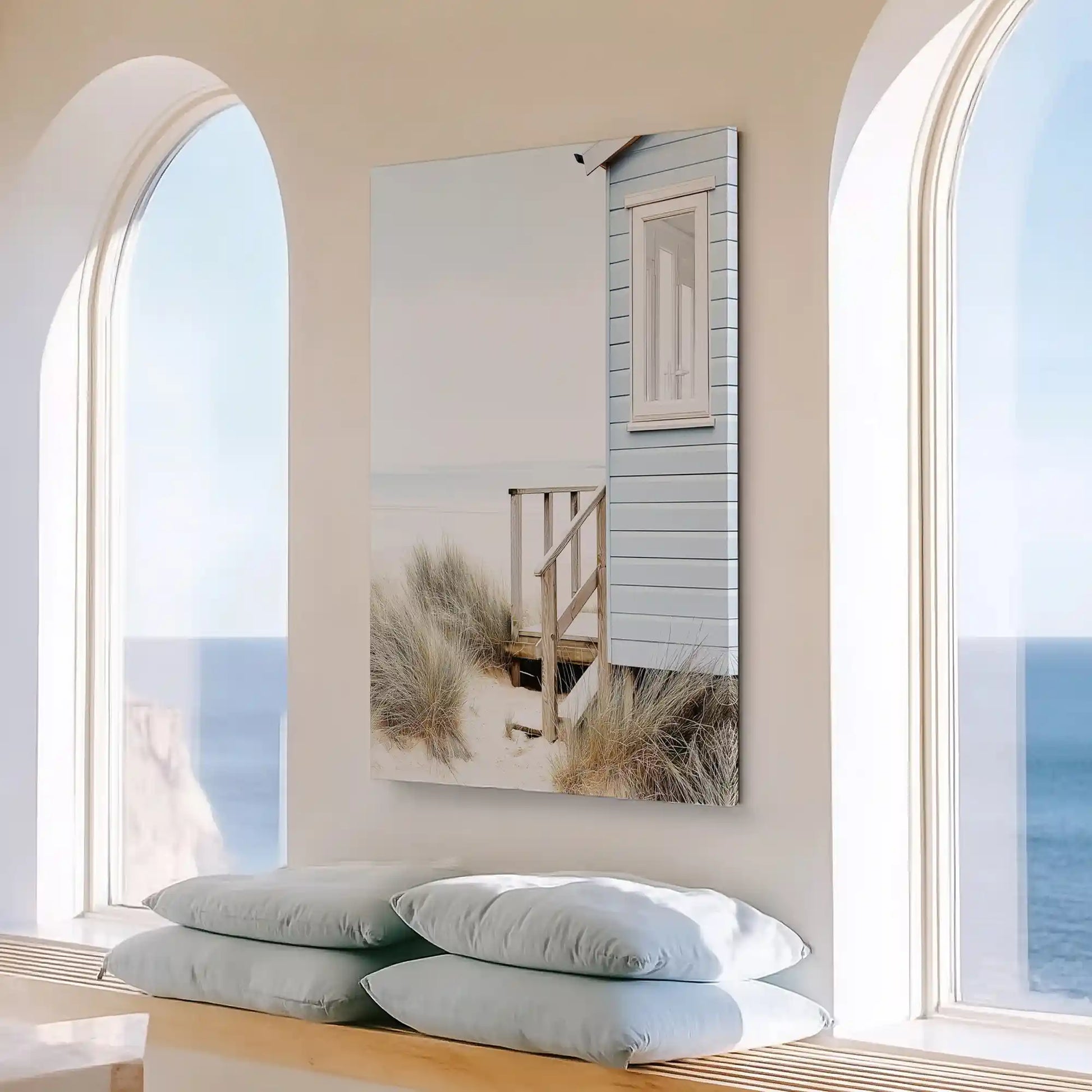 Large vertical seaside cabin painting perfect for enhancing contemporary living room walls