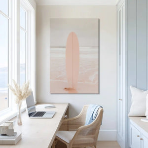 Peaceful seaside surfboard painting with soft tones for minimalist homes