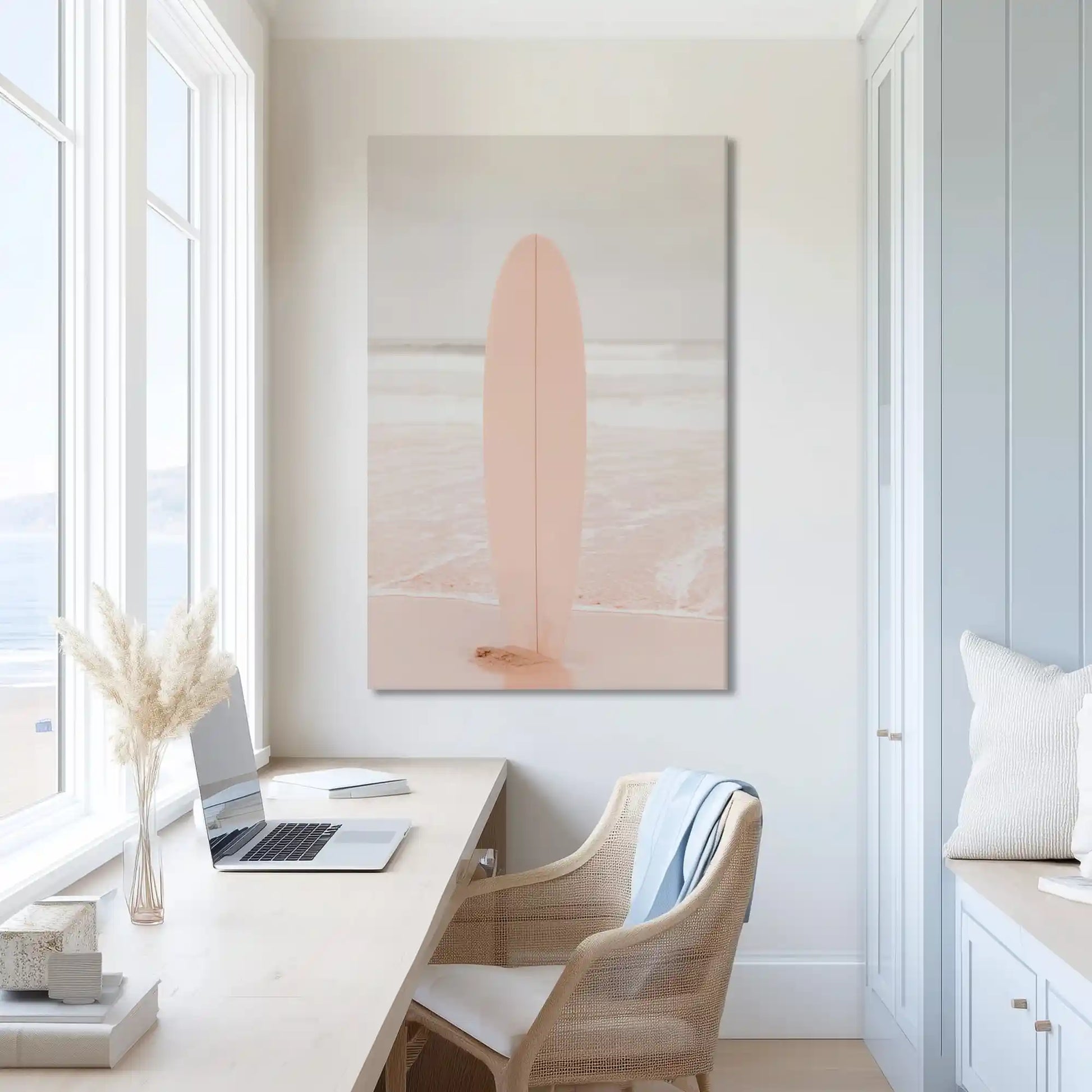 Peaceful seaside surfboard painting with soft tones for minimalist homes