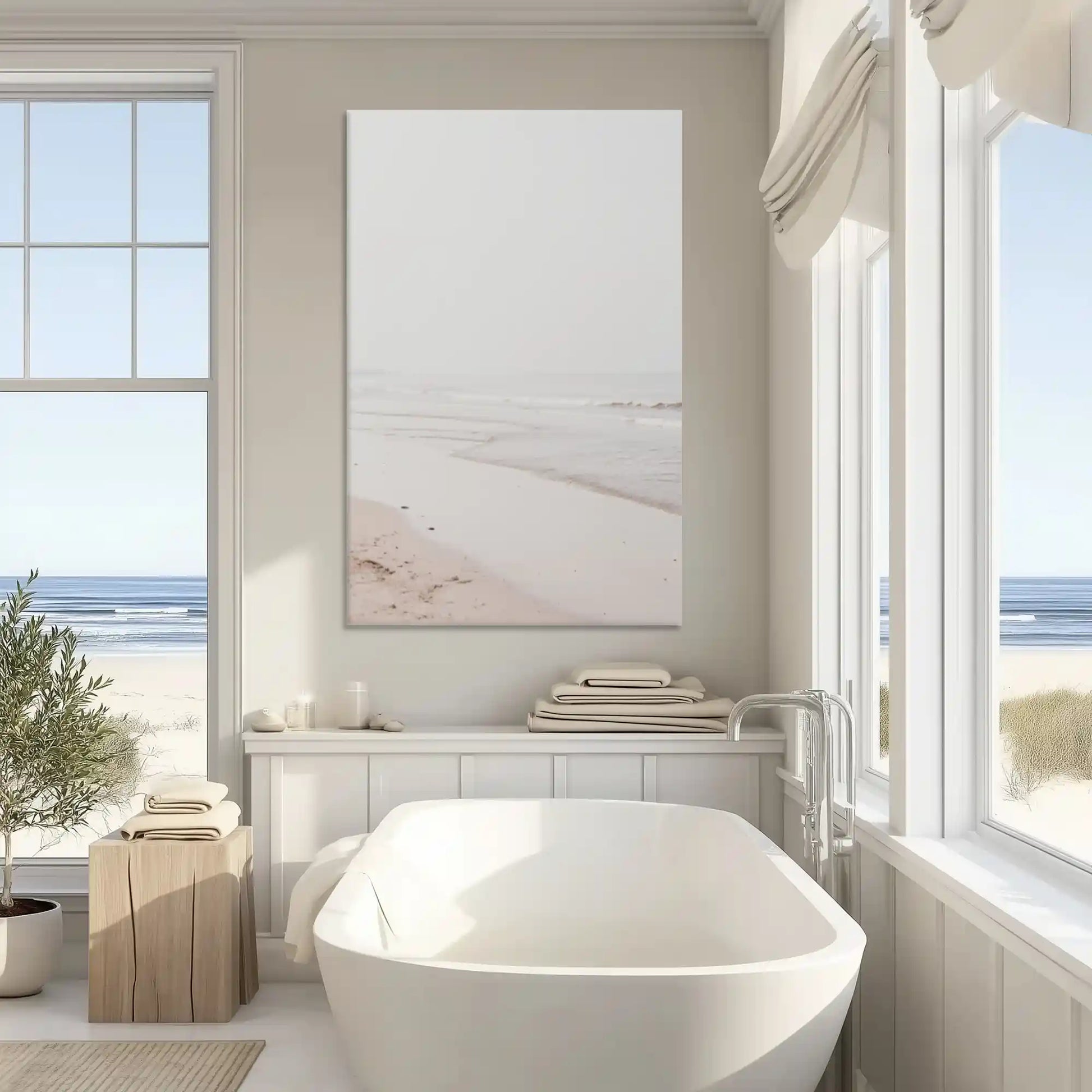 Neutral seascape canvas art enhancing modern wall decor with soft coastal elegance