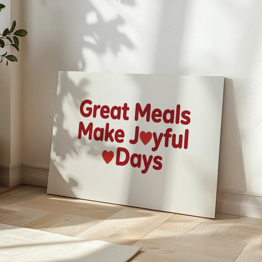 Bold red typography on canvas wall art with heart symbols and centered text on a white background