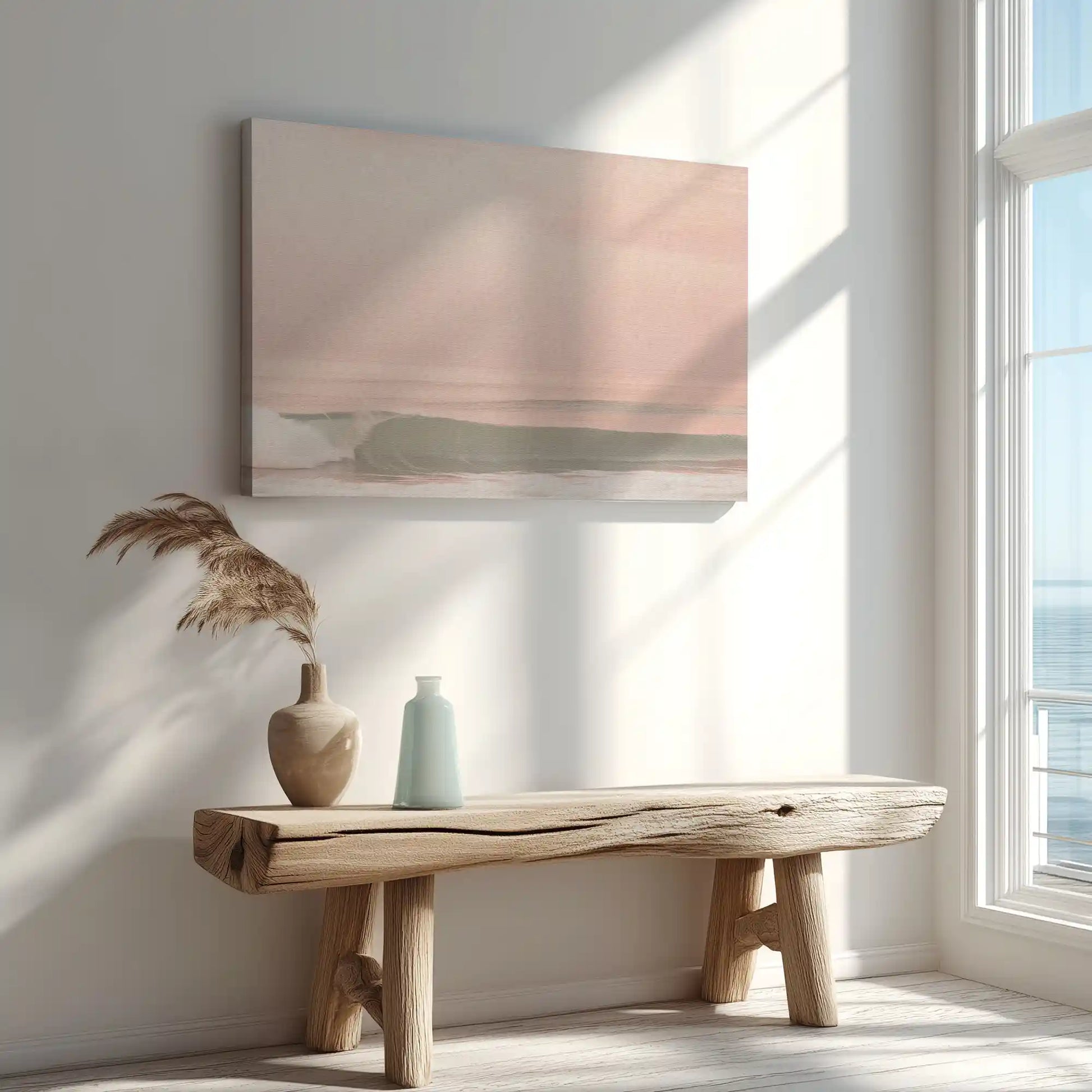 Sunset shoreline painting captured in canvas art with modern coastal style