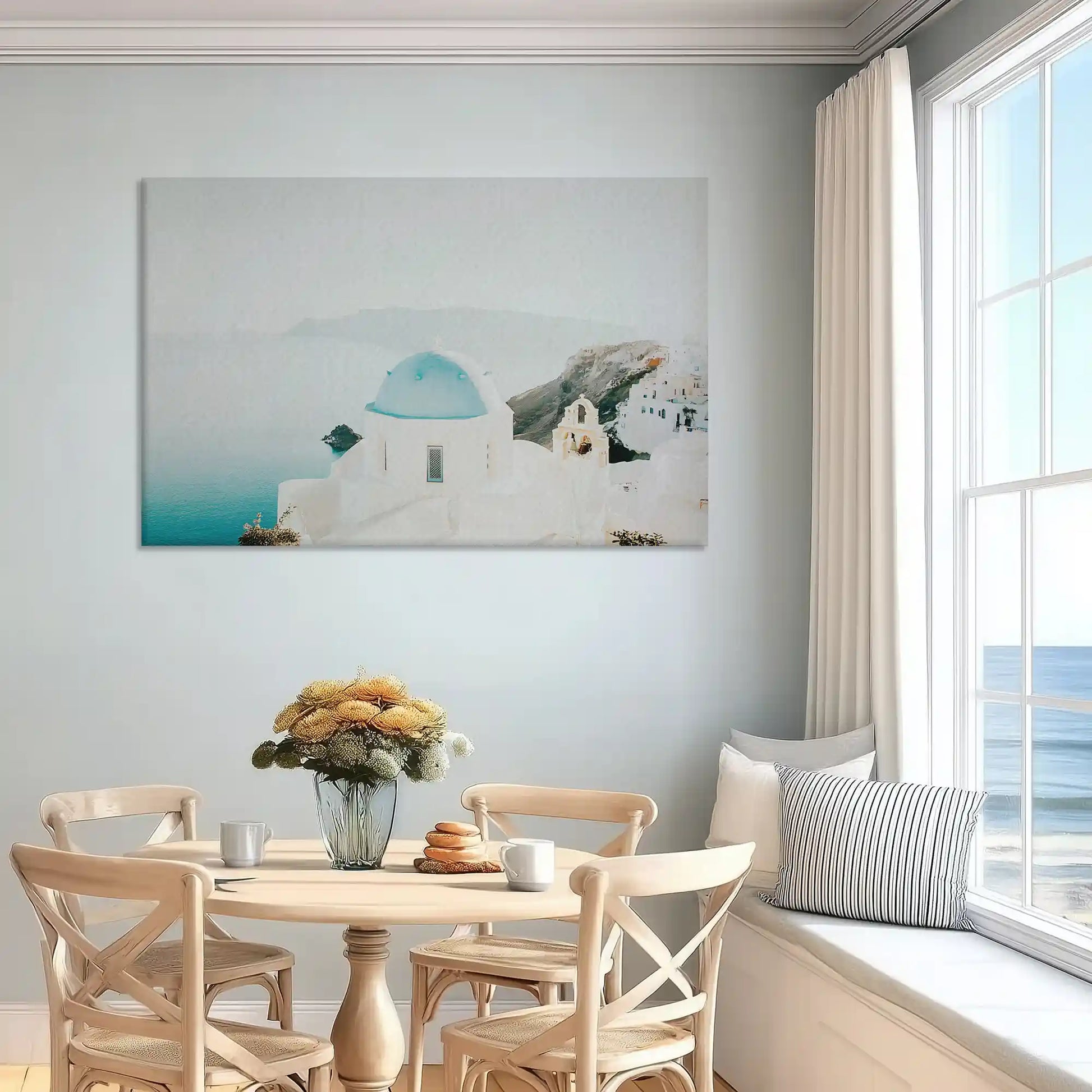 Bright whitewashed houses canvas wall art for airy dining room wall styling