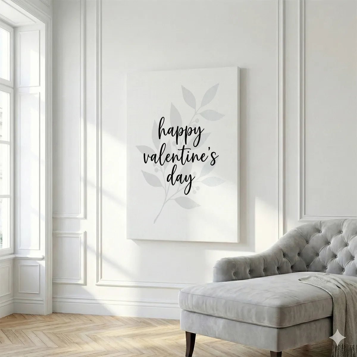 Monochromatic canvas print showing flowing script reading 'happy valentine’s day' centered above a faint botanical motif