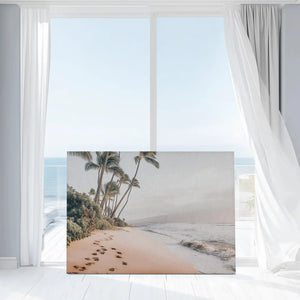 Palm tree shoreline painting captured in canvas art with tropical coastal style