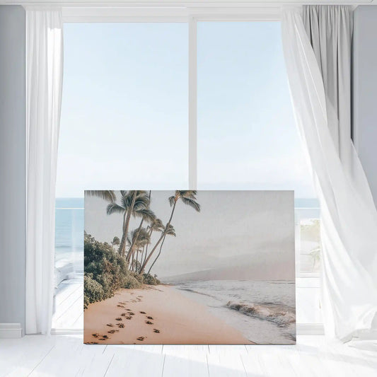 Palm tree shoreline painting captured in canvas art with tropical coastal style