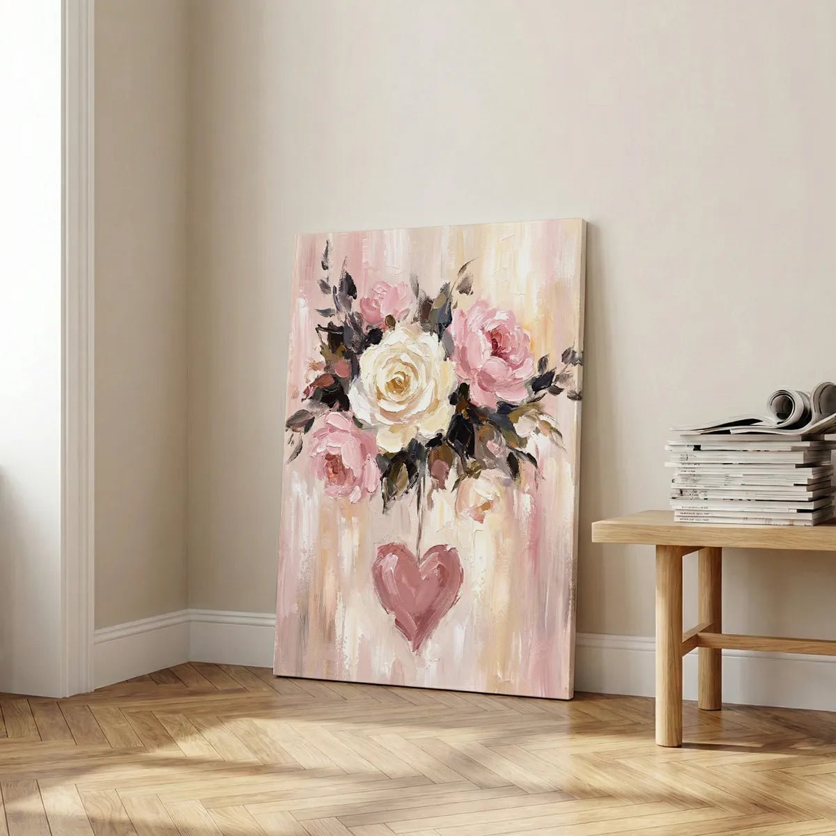 Romantic canvas wall decor with painterly roses and a heart shape, ideal for bedroom or living room settings