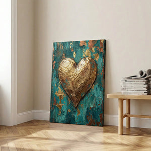 Mixed media canvas print showcasing a textured gold heart on an earthy, high-contrast background with abstract details.
