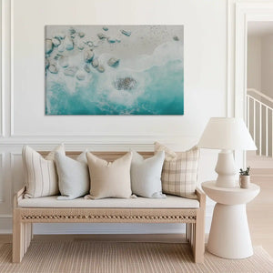 Large turquoise shoreline canvas print perfect for above sofa placement in airy rooms