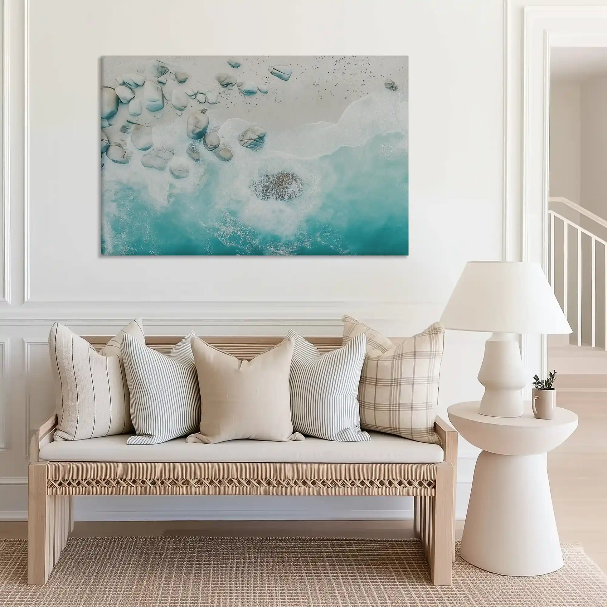 Large turquoise shoreline canvas print perfect for above sofa placement in airy rooms
