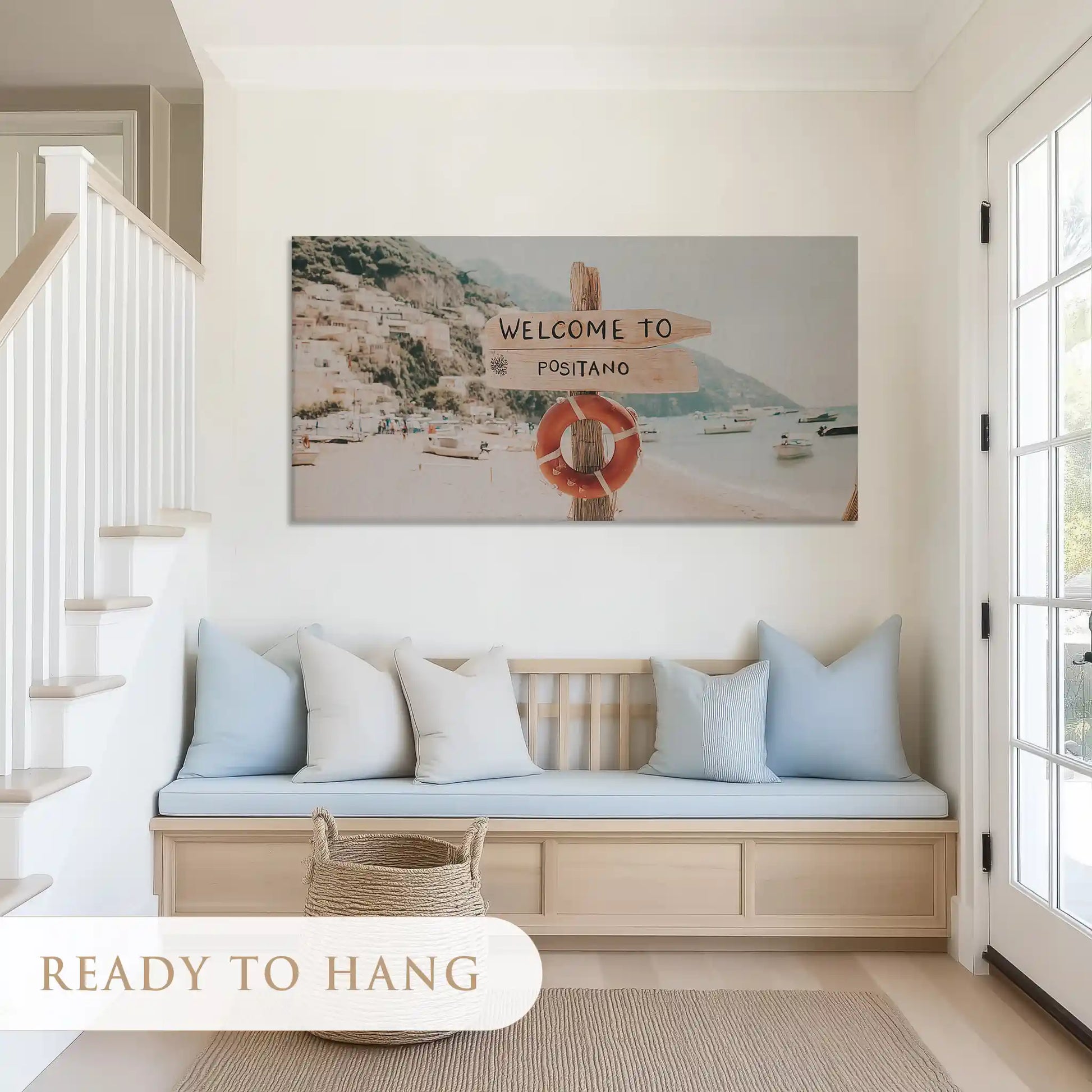 Mediterranean coastal town canvas wall art with travel-inspired sign and beach scenery