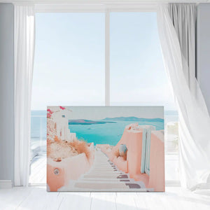 Textured Santorini cliffside canvas art complementing light modern interiors