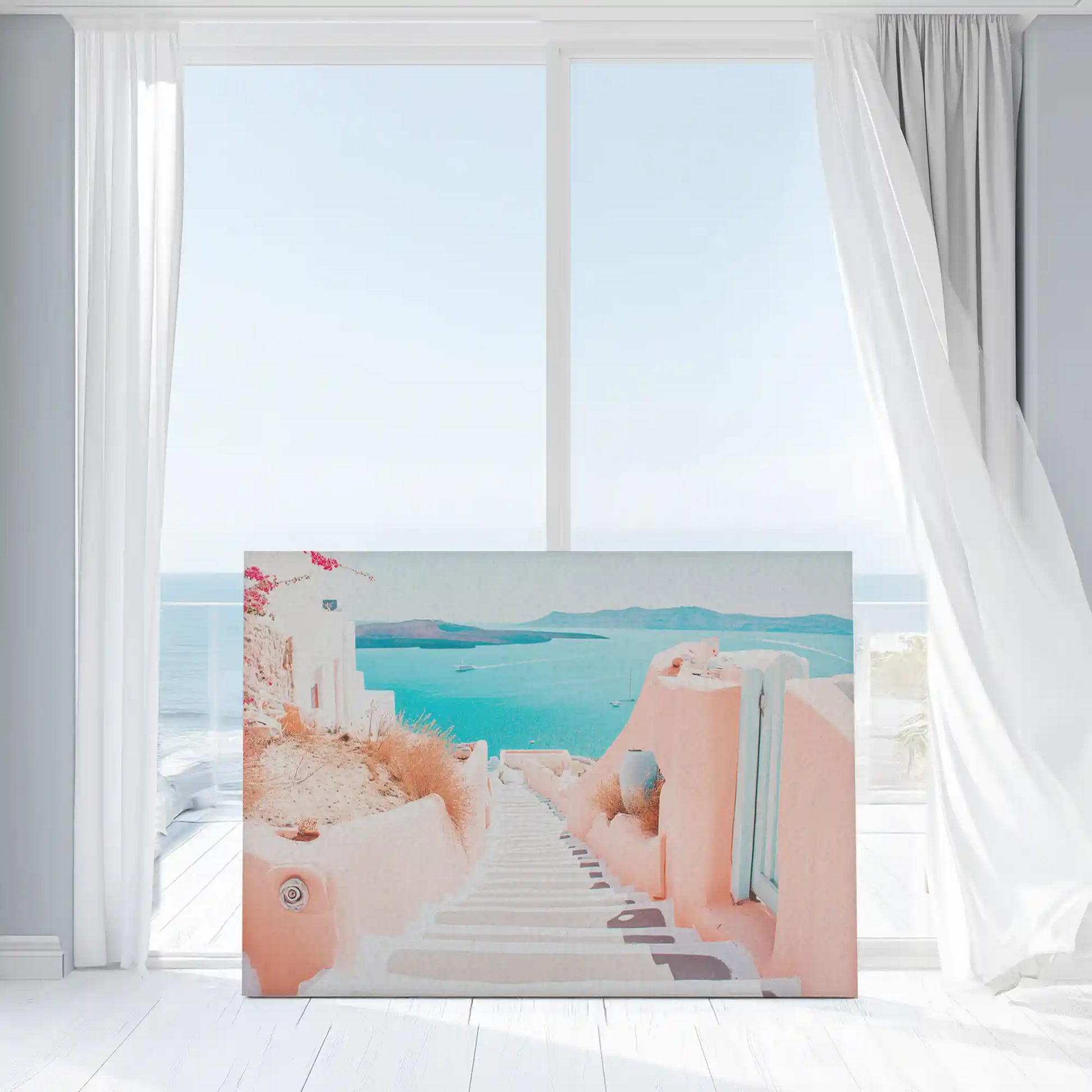 Textured Santorini cliffside canvas art complementing light modern interiors