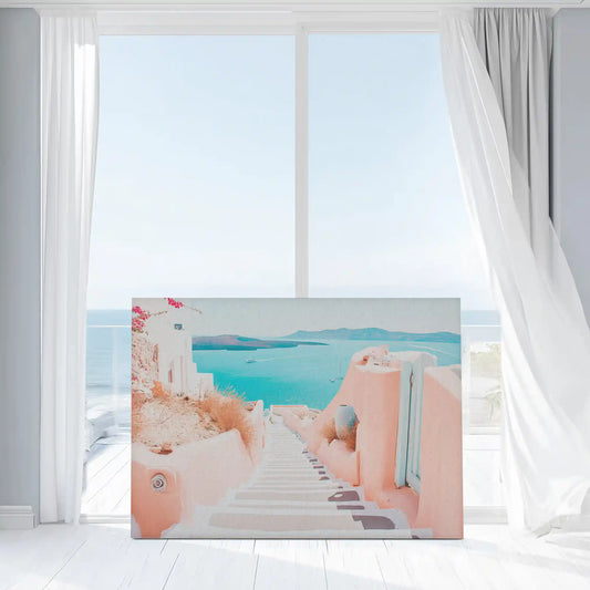 Textured Santorini cliffside canvas art complementing light modern interiors