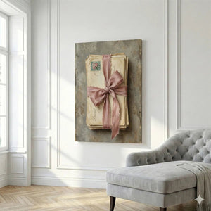 Canvas artwork depicting delicate handwritten notes and a floral postage stamp, styled in warm, earthy colors.