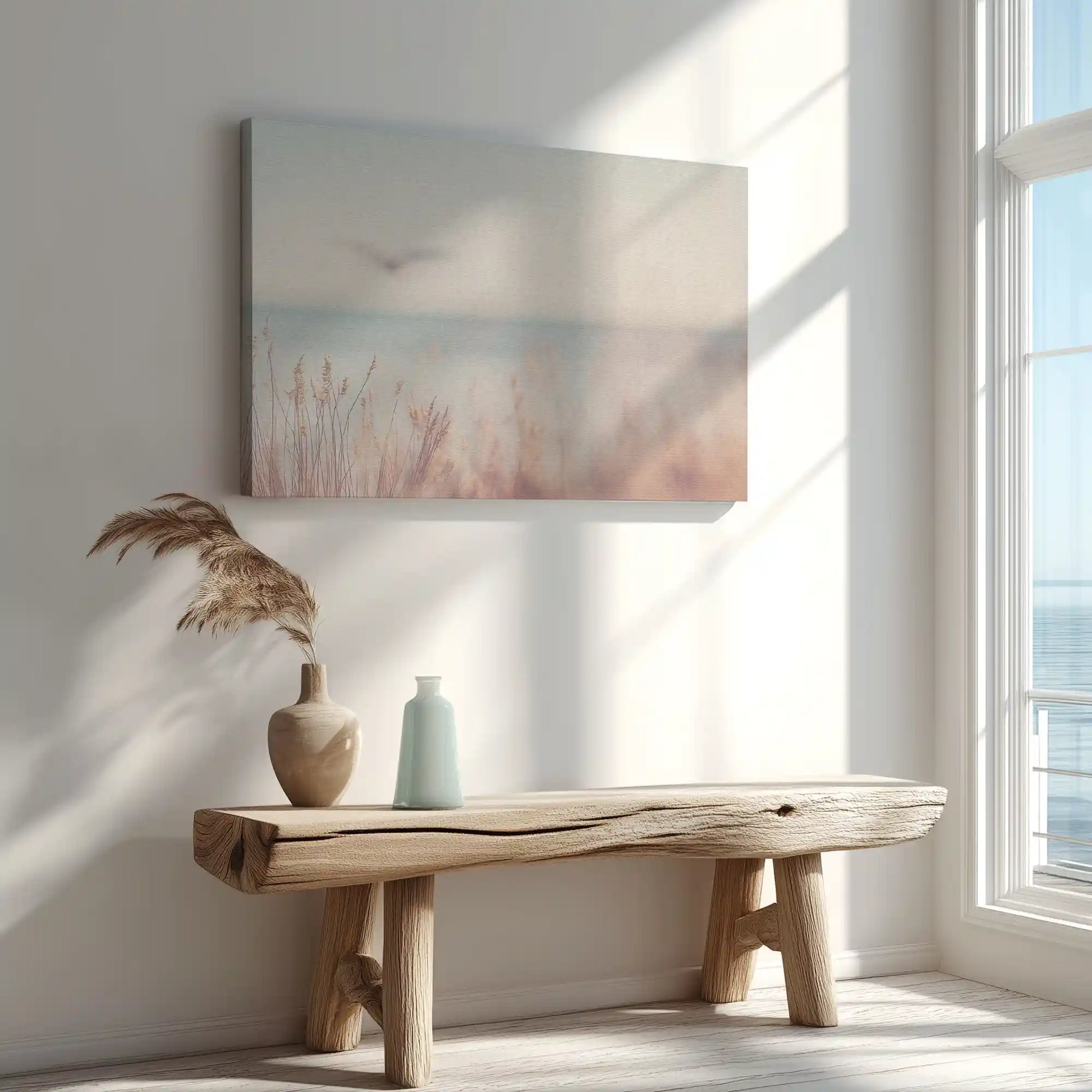 Flying seagull over dune grass captured in canvas print with natural coastal style