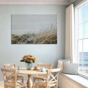 Soft beige shoreline canvas art enhancing serene bedroom wall design