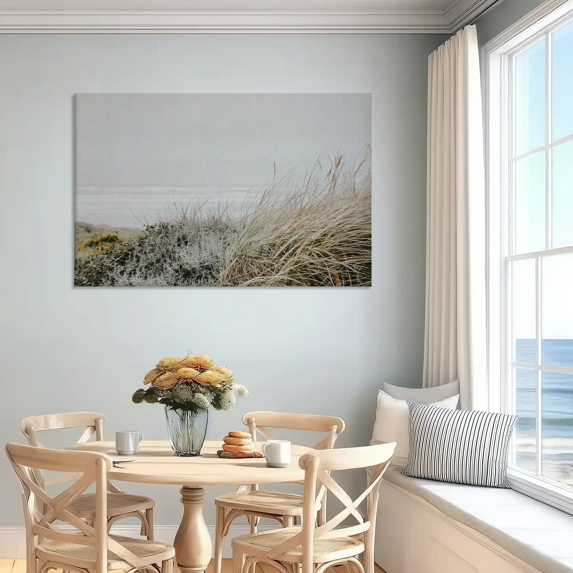 Soft beige shoreline canvas art enhancing serene bedroom wall design