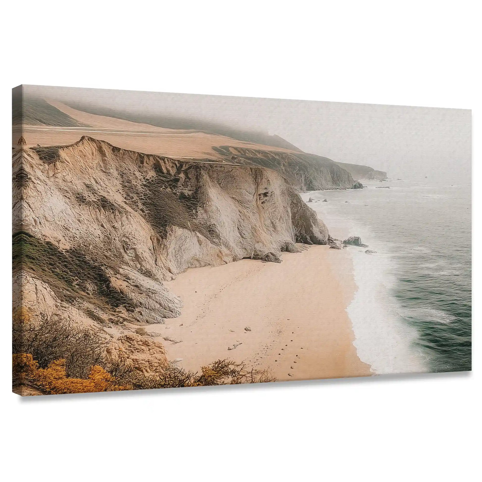 Rustic coastal cliff canvas wall art for living room showcasing sandy beach and rocky shoreline