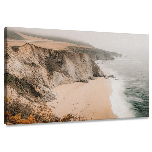 Rustic coastal cliff canvas wall art for living room showcasing sandy beach and rocky shoreline