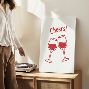 Gallery wrapped canvas showing a centered pop art-style wine toast with high contrast and playful mood