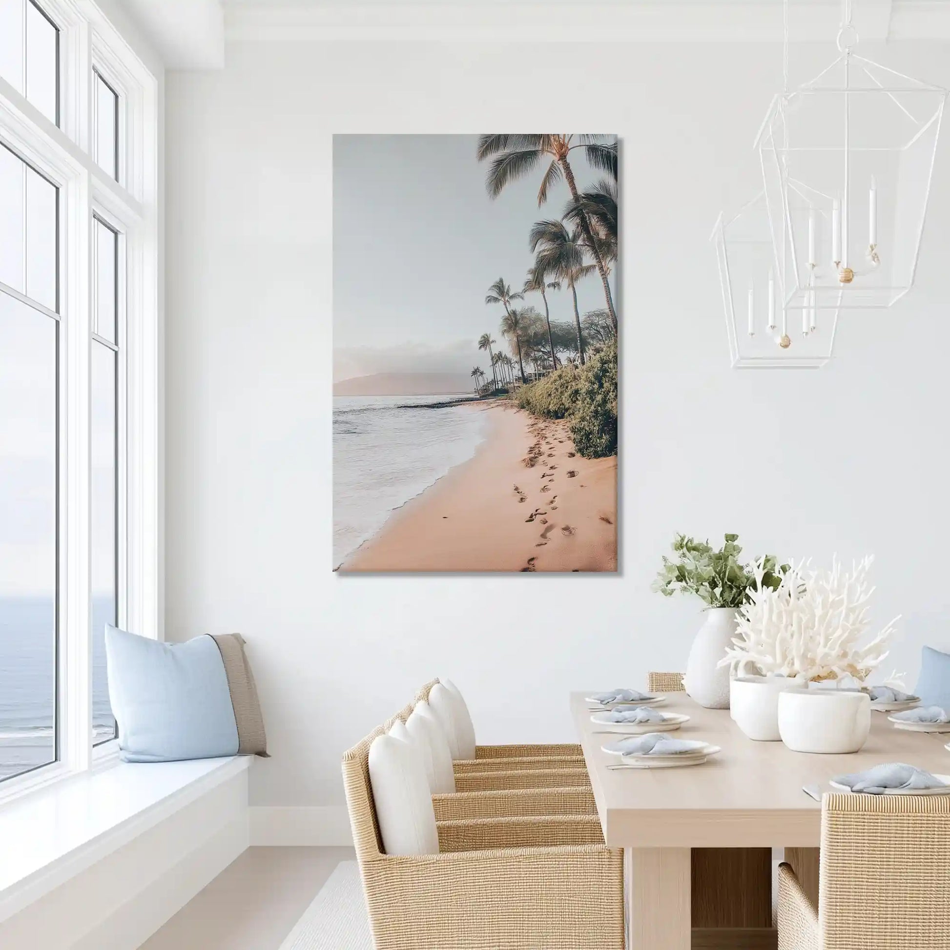 Relaxing tropical coast painting with pastel tones, ideal for dining room or bedroom settings