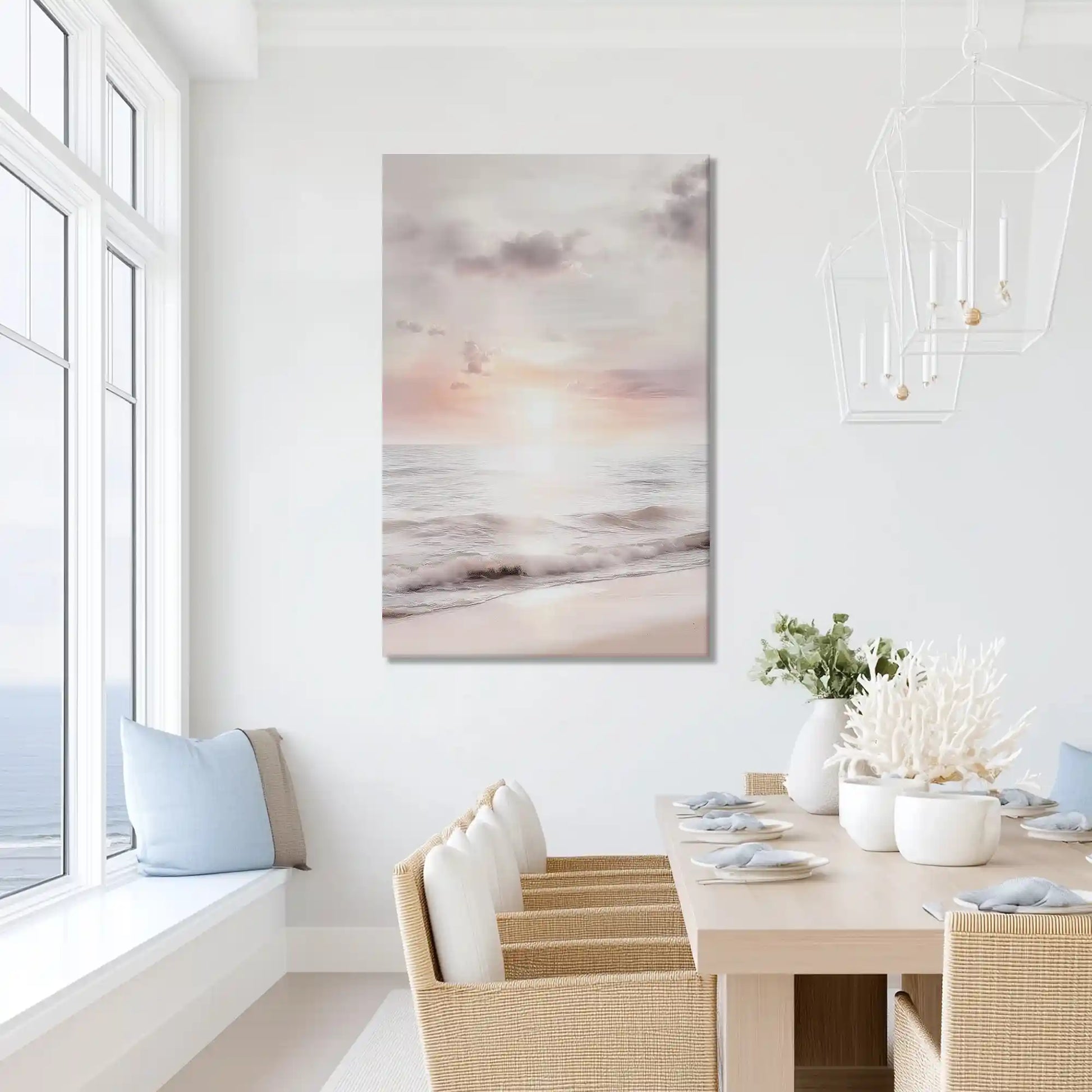 Peaceful dawn painting with pastel sky and waves, ideal for minimalist dining room or bedroom