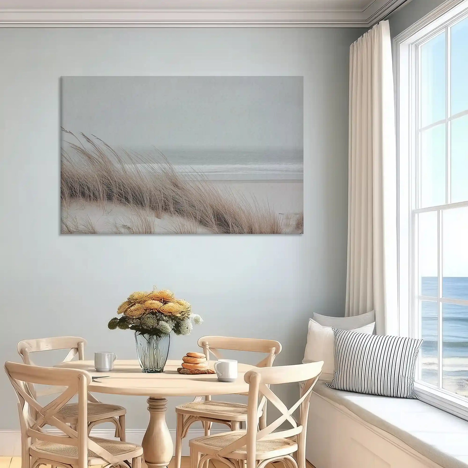 Soft beige shoreline canvas art enhancing serene bedroom wall design