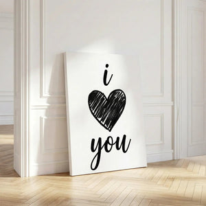 Vertical canvas art featuring a black heart and handwritten 'i' and 'you' text, aligned centrally in a modern romantic style