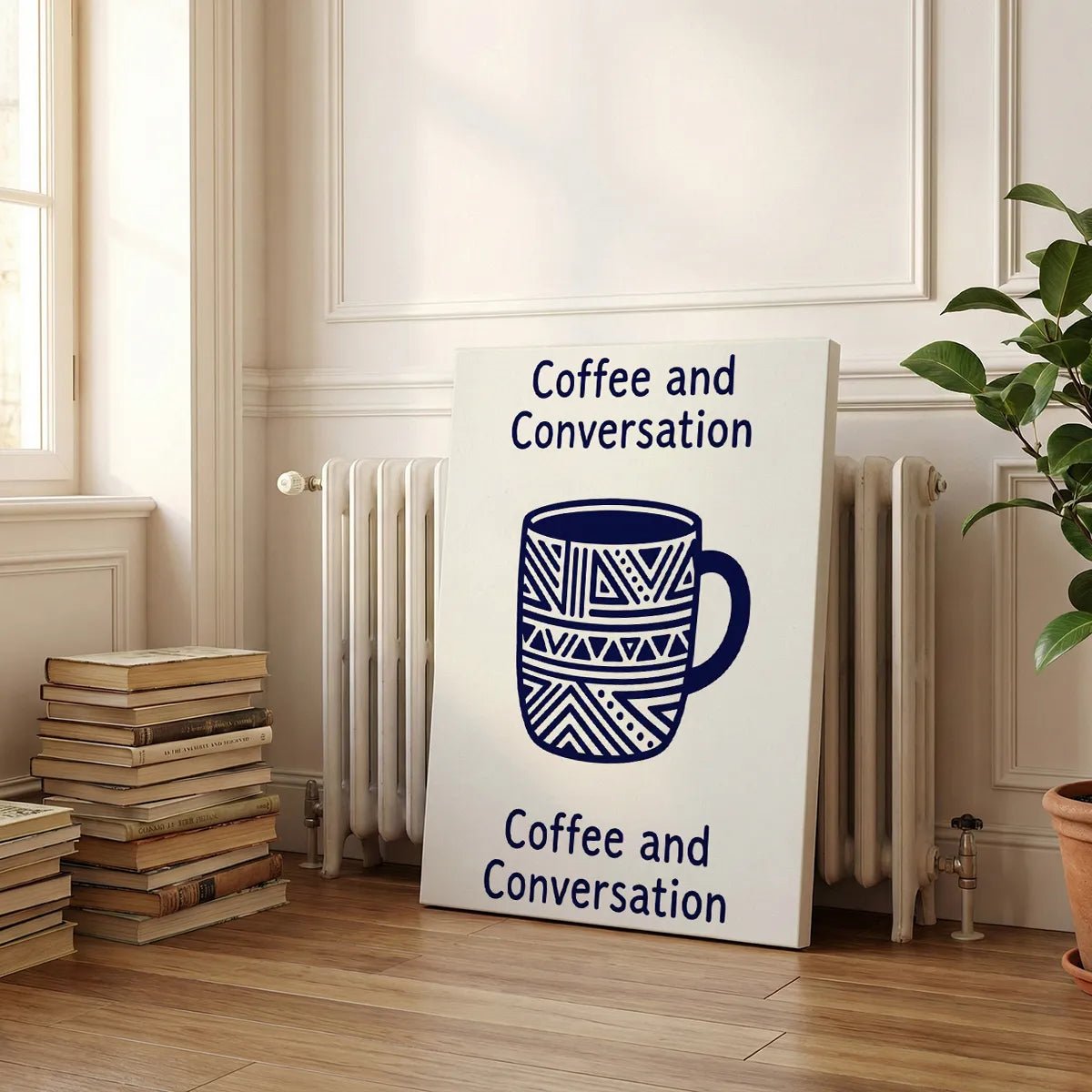 Vertical canvas art showing a navy blue mug with bold lines and symmetrical text, suited to kitchen or café walls.