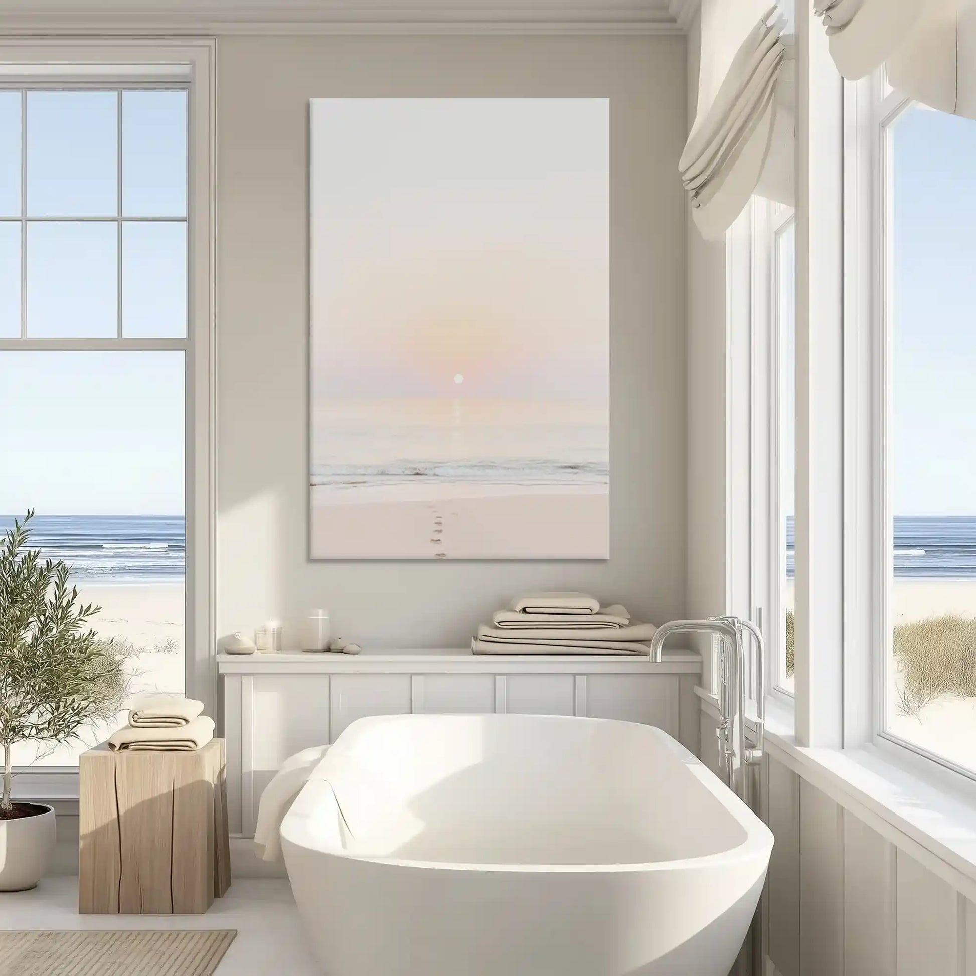 Neutral pastel seascape canvas art enhancing modern wall decor with calm coastal character