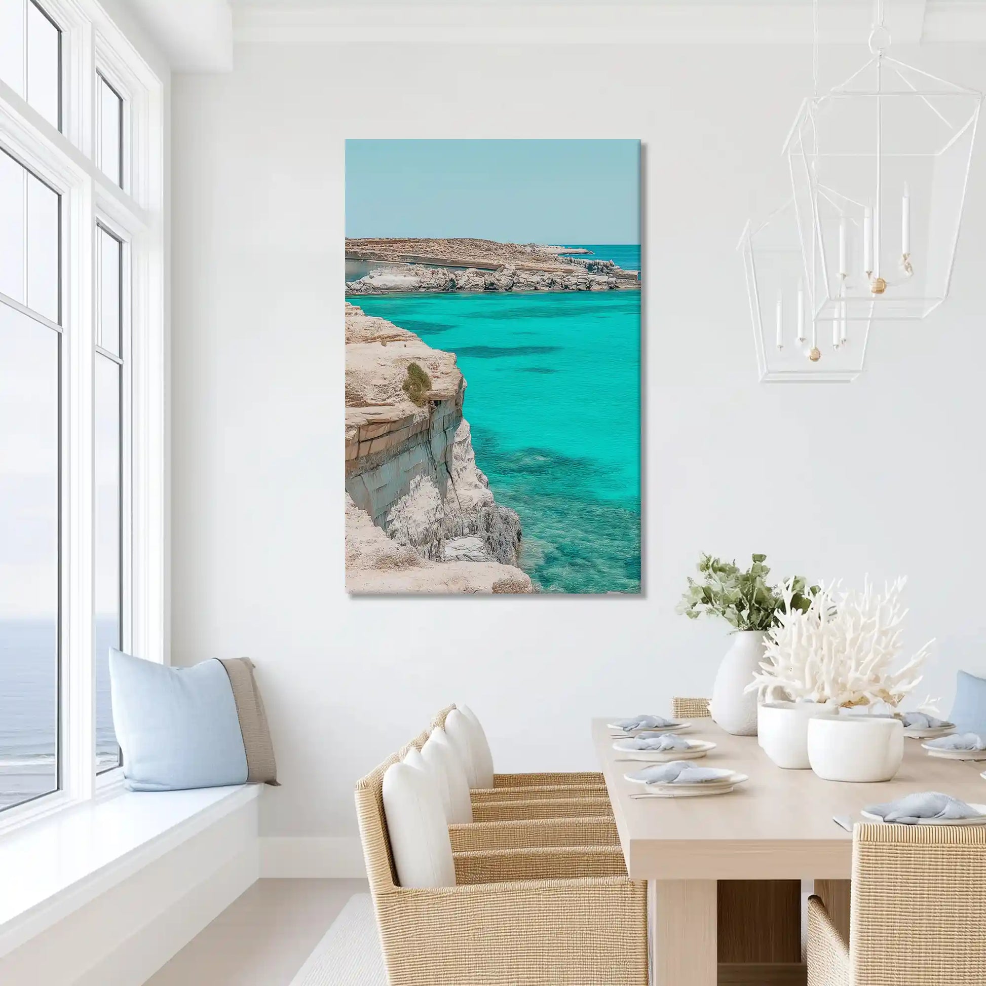Peaceful cliff and sea painting with vivid turquoise hues, ideal for dining room or bedroom