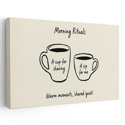 Canvas wall art featuring two black coffee mugs with the quote 'Morning Rituals' above and cozy phrases below in minimalist style