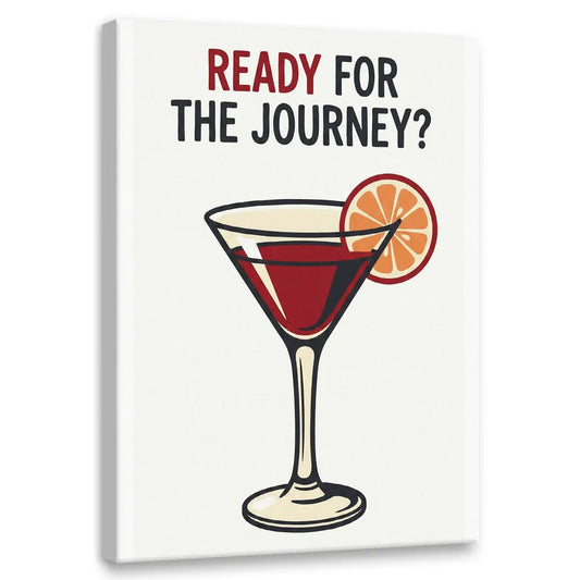 Pop art canvas wall art featuring a bold cocktail glass with red liquid, orange slice garnish, and 'READY FOR THE JOURNEY?' text above.