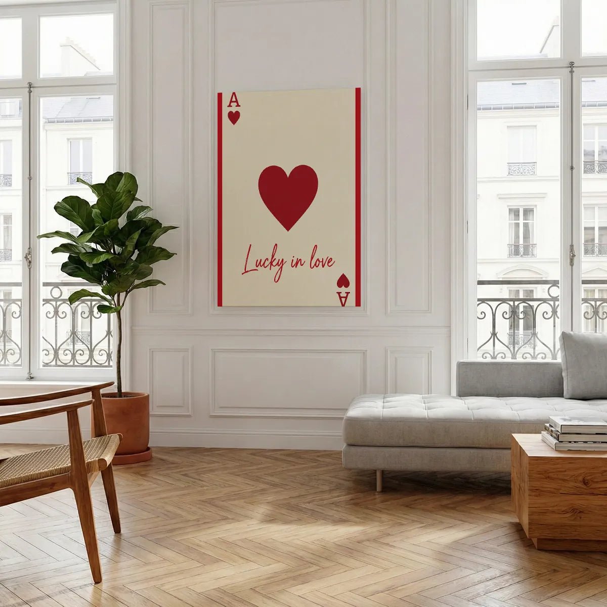 Gallery wrapped canvas showing a stylized red heart and spade symbol with crisp lines and a clean cream background.