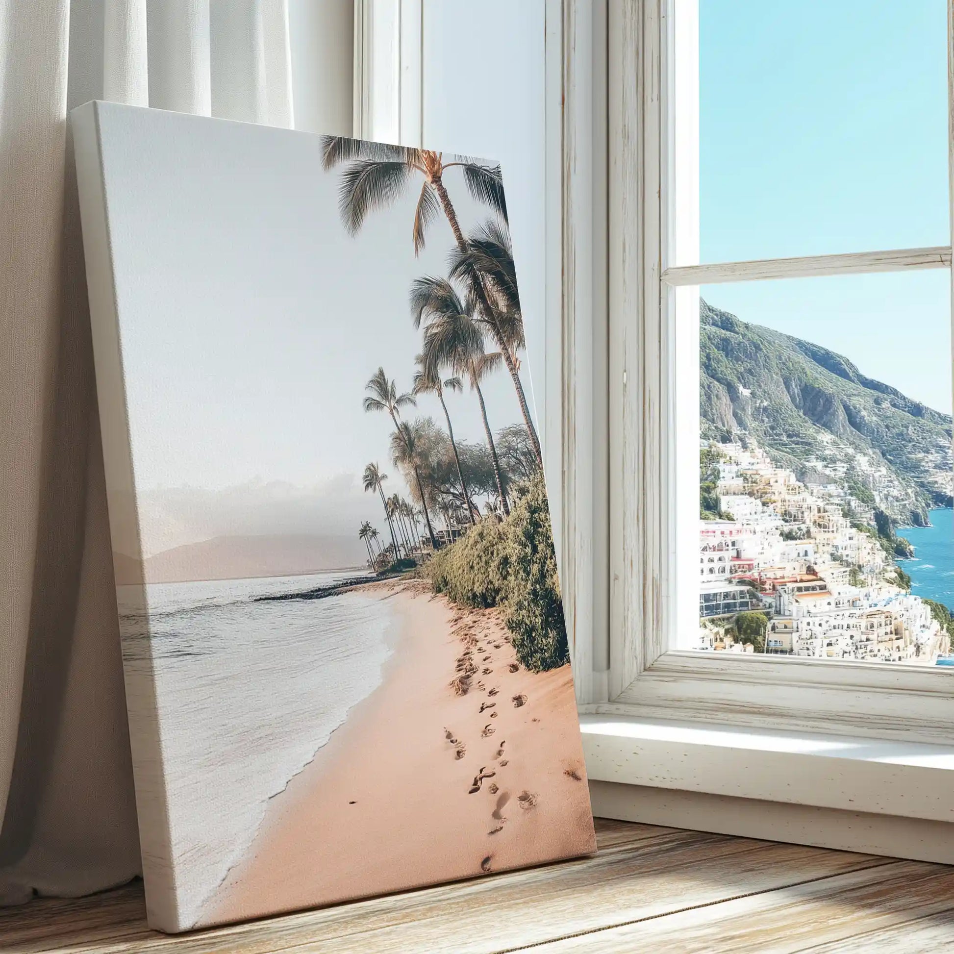 Footprints along sandy beach captured in a tropical canvas print with minimalist style