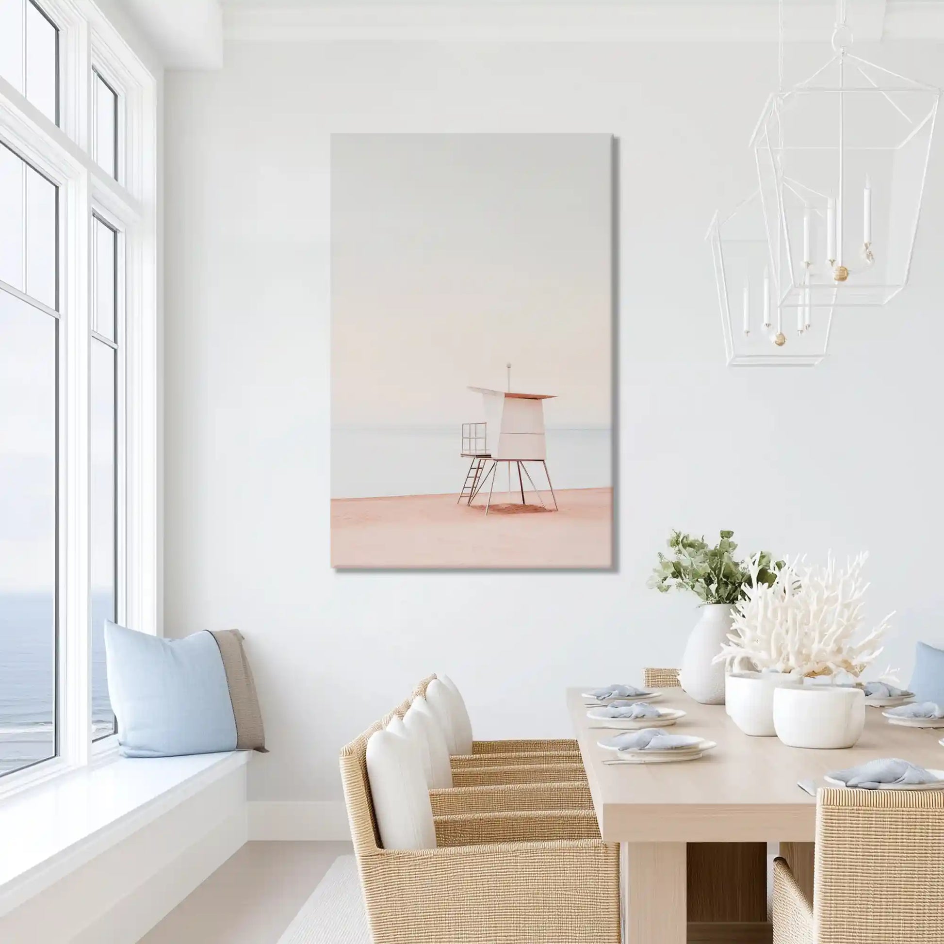 Peaceful beach tower painting with airy hues, ideal for bright dining room or bedroom settings