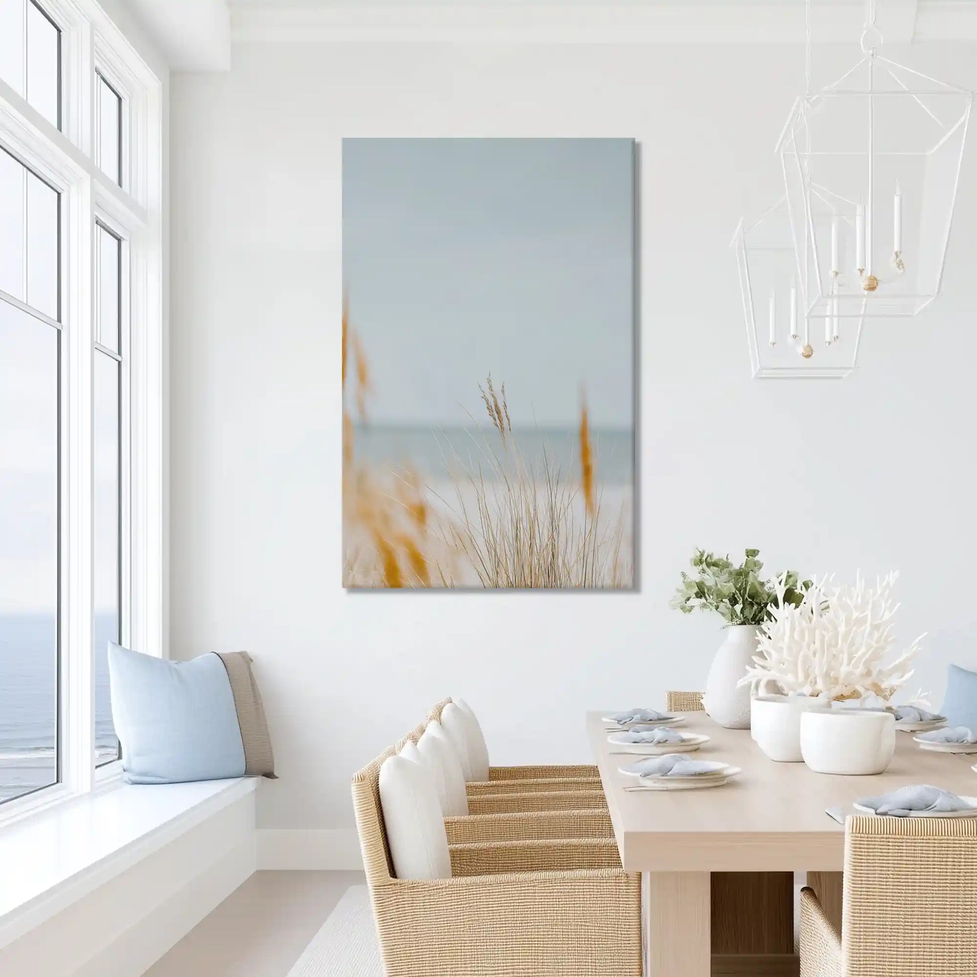Oversized dune seagrass canvas wall art for serene bathroom retreat