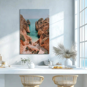 Turquoise sea and rocky cliffs canvas print adding natural charm to modern wall decor