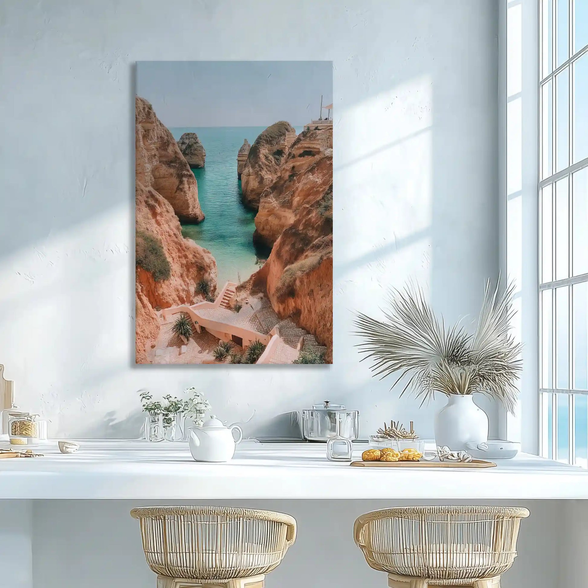 Turquoise sea and rocky cliffs canvas print adding natural charm to modern wall decor