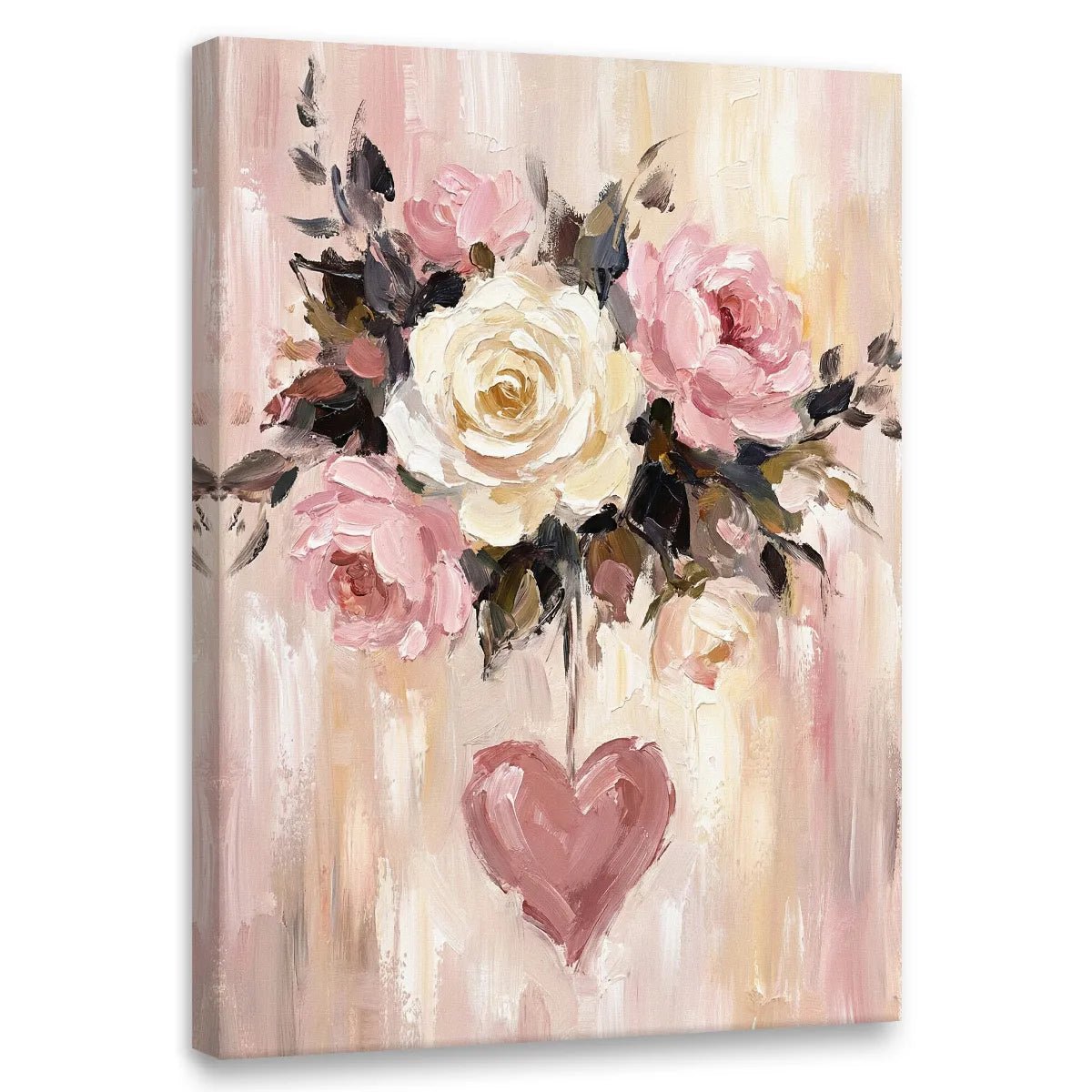 Romantic canvas wall art featuring a bouquet of pink and white roses with a heart hanging below on a textured pastel background