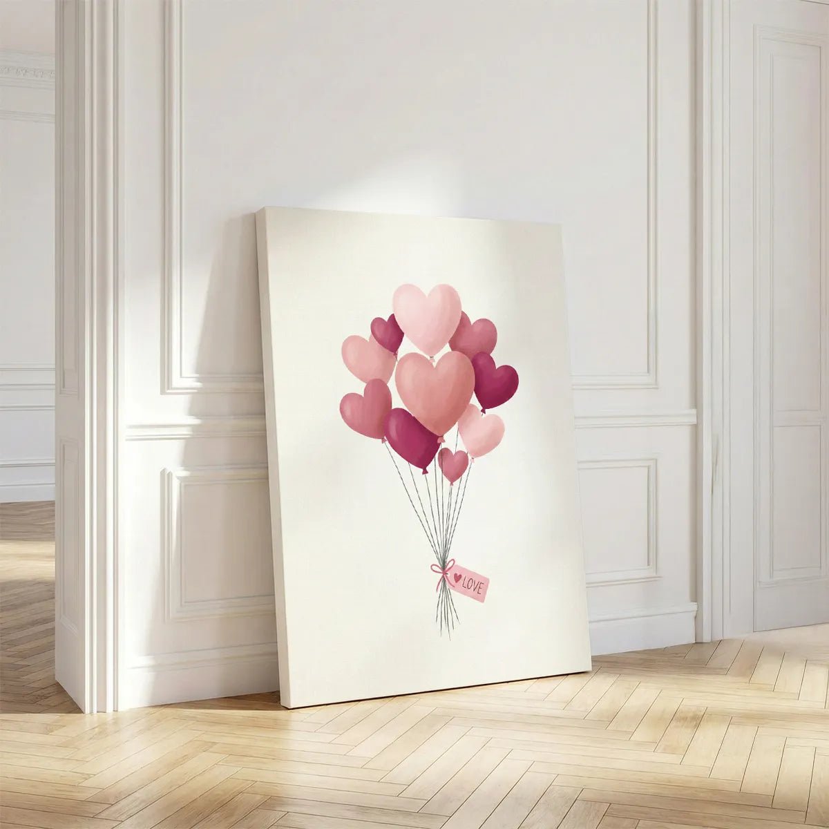 Vertical canvas art featuring a centralized bouquet of heart balloons in pink and red, ideal for romantic-themed bedrooms.