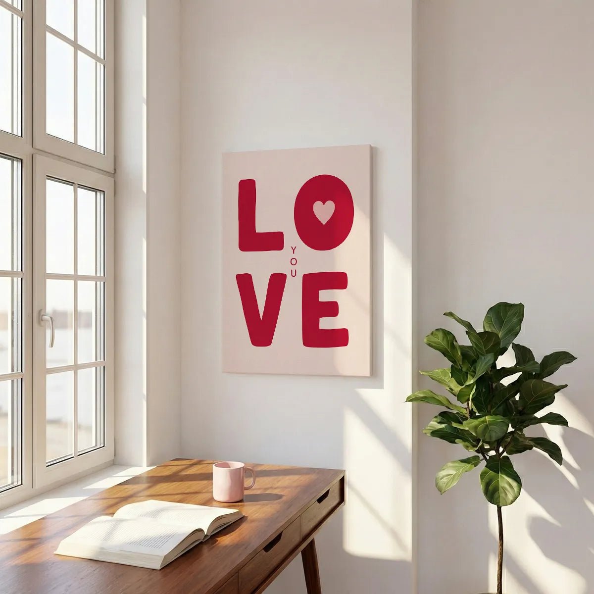 Bold and playful canvas wall art with stylized red LOVE typography and a heart symbol integrated into the letter O