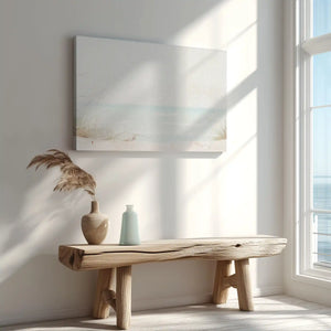 Coastal wall art on canvas with pale blue ocean horizon and neutral shoreline design